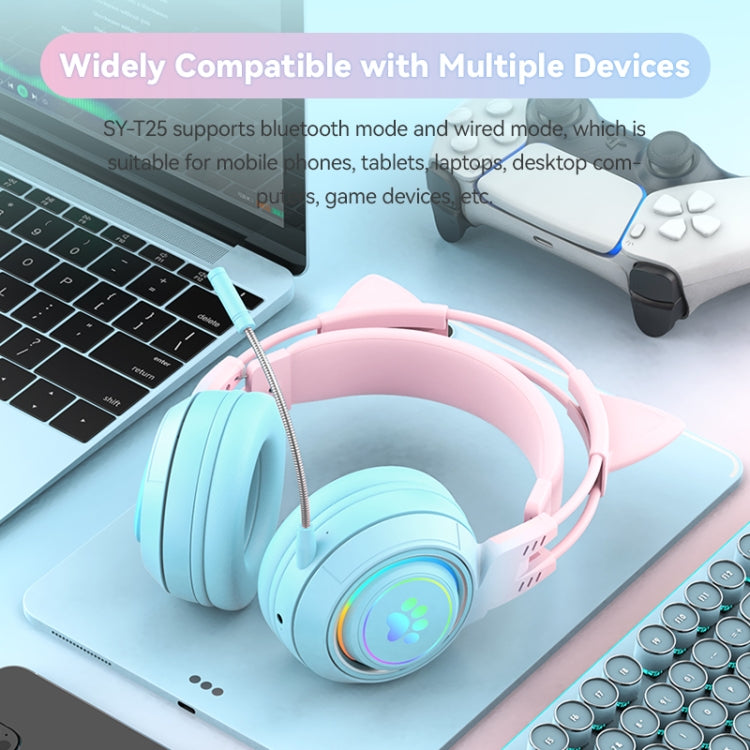 T25 RGB Stereo Cat Ear Bluetooth Wireless Headphones with Detachable Microphone(Blue) - Headset & Headphone by PMC Jewellery | Online Shopping South Africa | PMC Jewellery