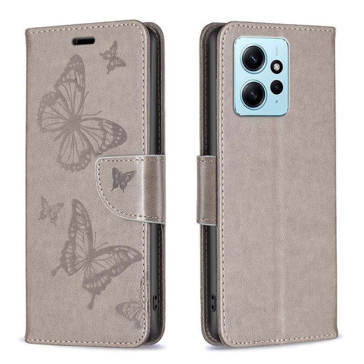 For Xiaomi Redmi Note 12 4G Global Two Butterflies Embossing Leather Phone Case(Grey) - Note 12 Cases by PMC Jewellery | Online Shopping South Africa | PMC Jewellery