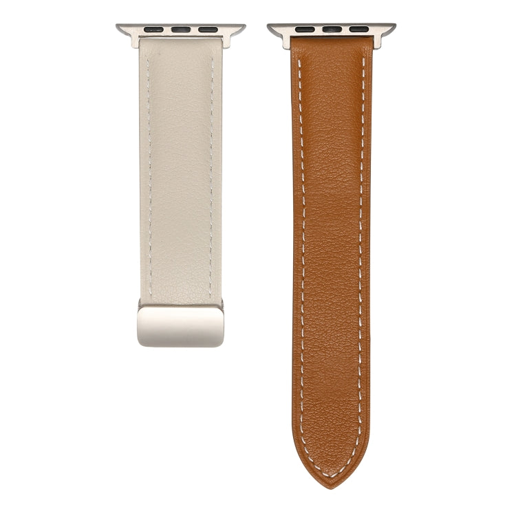 Folding Buckle Genuine Leather Watch Band For Apple Watch Series 8&7 41mm / SE 2&6&SE&5&4 40mm / 3&2&1 38mm(White + Brown) - Smart Wear by PMC Jewellery | Online Shopping South Africa | PMC Jewellery