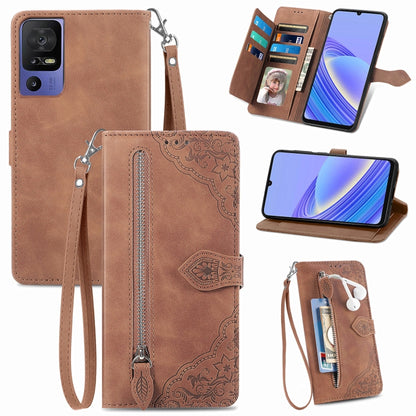 For TCL 40 SE Embossed Flower Zipper Leather Phone Case(Brown) - More Brand by PMC Jewellery | Online Shopping South Africa | PMC Jewellery