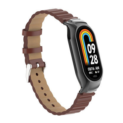 For Xiaomi Mi Band 8 Integrated Metal Case + Bamboo Leather Watch Band(Red Brown) - Smart Wear by PMC Jewellery | Online Shopping South Africa | PMC Jewellery