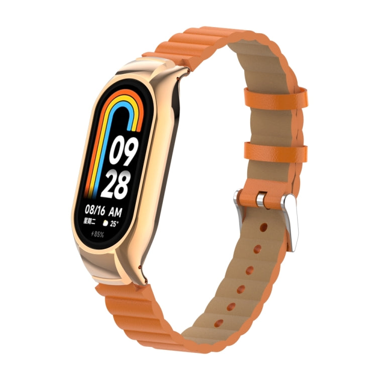 For Xiaomi Mi Band 8 Integrated Metal Case + Bamboo Leather Watch Band(Orange) - Smart Wear by PMC Jewellery | Online Shopping South Africa | PMC Jewellery