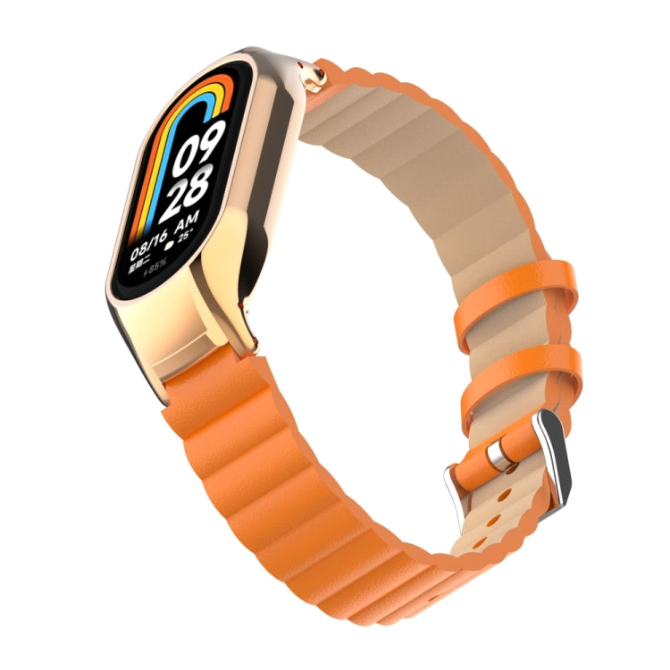 For Xiaomi Mi Band 8 Integrated Metal Case + Bamboo Leather Watch Band(Orange) - Smart Wear by PMC Jewellery | Online Shopping South Africa | PMC Jewellery