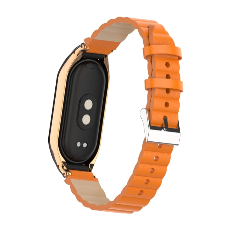 For Xiaomi Mi Band 8 Integrated Metal Case + Bamboo Leather Watch Band(Orange) - Smart Wear by PMC Jewellery | Online Shopping South Africa | PMC Jewellery