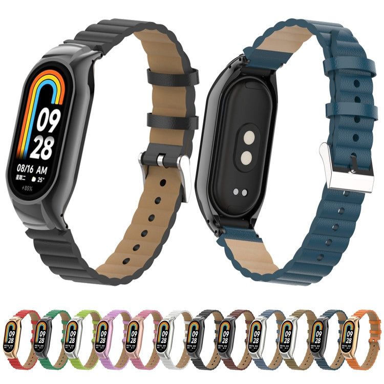 For Xiaomi Mi Band 8 Integrated Metal Case + Bamboo Leather Watch Band(Saddle) - Smart Wear by PMC TechLife | Online Shopping South Africa | PMC TechLife