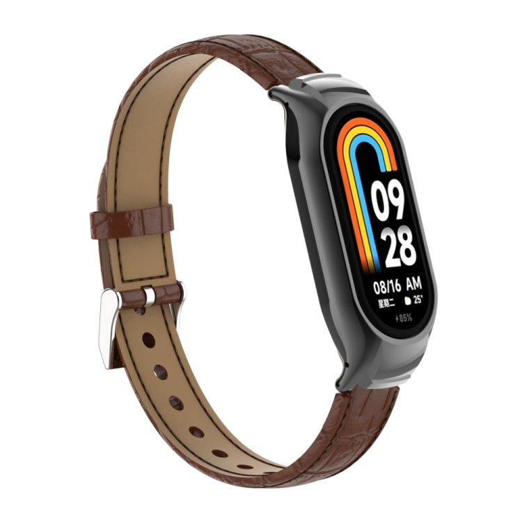 For Xiaomi Mi Band 8 Integrated Metal Case + Cocodile Texture Leather Watch Band(Brown) - Smart Wear by PMC Jewellery | Online Shopping South Africa | PMC Jewellery