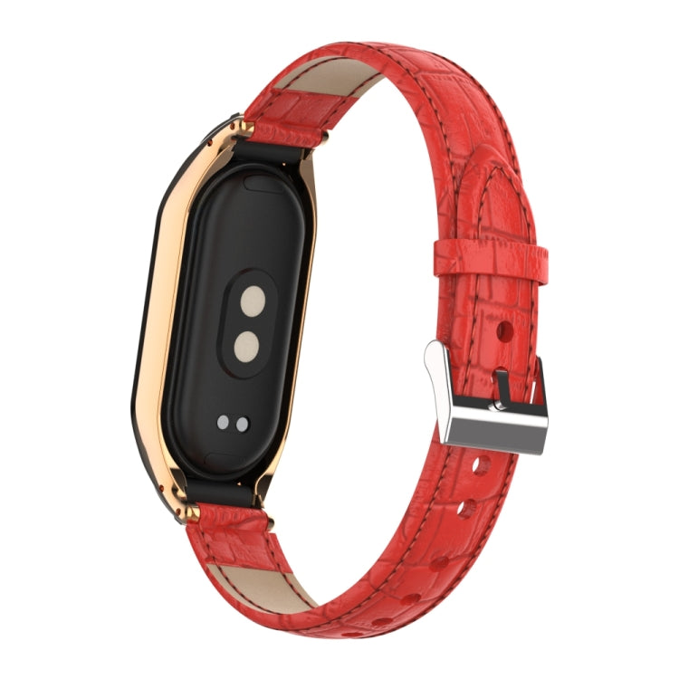 For Xiaomi Mi Band 8 Integrated Metal Case + Cocodile Texture Leather Watch Band(Red) - Smart Wear by PMC Jewellery | Online Shopping South Africa | PMC Jewellery