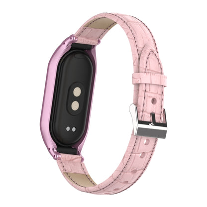 For Xiaomi Mi Band 8 Integrated Metal Case + Cocodile Texture Leather Watch Band(Pink) - Smart Wear by PMC Jewellery | Online Shopping South Africa | PMC Jewellery