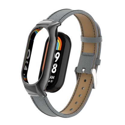 For Xiaomi Mi Band 8 Integrated Metal Case + Litchi Texture Leather Watch Band(Grey) - Smart Wear by PMC Jewellery | Online Shopping South Africa | PMC Jewellery