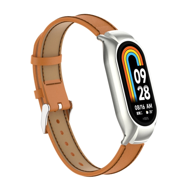 For Xiaomi Mi Band 8 Integrated Metal Case + Microfiber Sewing Leather Watch Band(Brown) - Smart Wear by PMC Jewellery | Online Shopping South Africa | PMC Jewellery