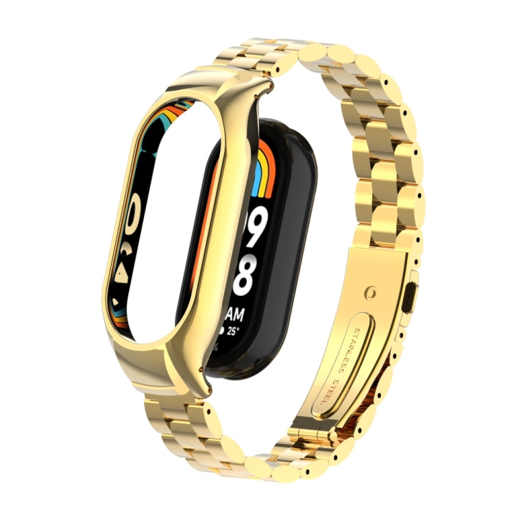 For Xiaomi Mi Band 8 Integrated Metal Case + Three-bead Watch Band(Gold) - Smart Wear by PMC Jewellery | Online Shopping South Africa | PMC Jewellery