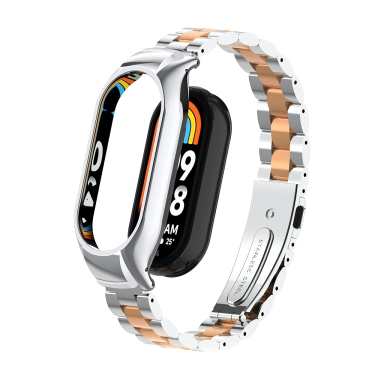 For Xiaomi Mi Band 8 Integrated Metal Case + Three-bead Watch Band(Silver+Rose Gold) - Smart Wear by PMC Jewellery | Online Shopping South Africa | PMC Jewellery