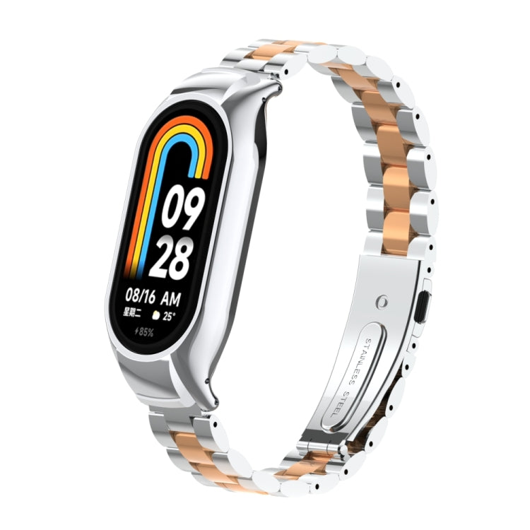 For Xiaomi Mi Band 8 Integrated Metal Case + Three-bead Watch Band(Silver+Rose Gold) - Smart Wear by PMC Jewellery | Online Shopping South Africa | PMC Jewellery