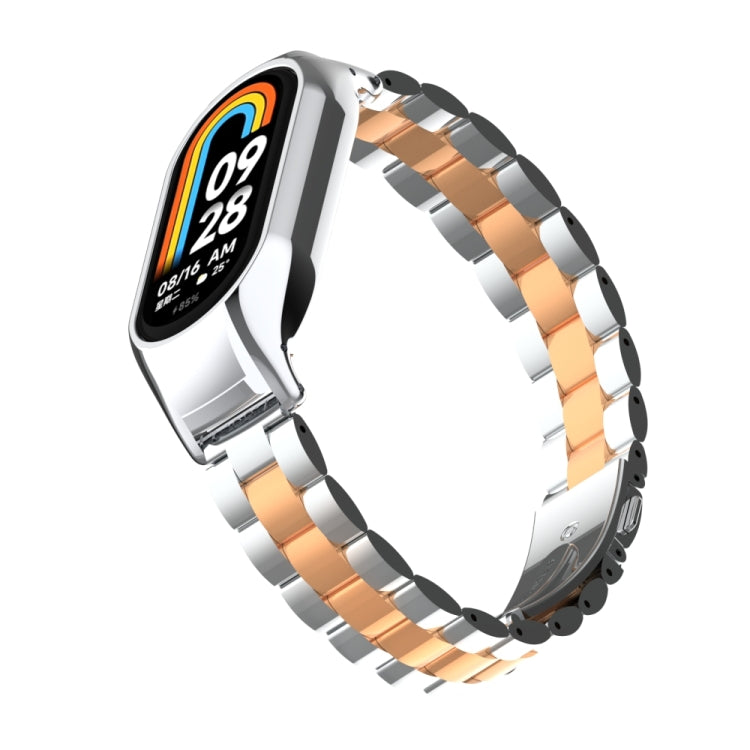 For Xiaomi Mi Band 8 Integrated Metal Case + Three-bead Watch Band(Silver+Rose Gold) - Smart Wear by PMC Jewellery | Online Shopping South Africa | PMC Jewellery