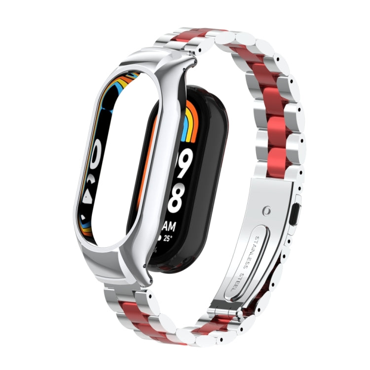 For Xiaomi Mi Band 8 Integrated Metal Case + Three-bead Watch Band(Silver+Red) - Smart Wear by PMC Jewellery | Online Shopping South Africa | PMC Jewellery