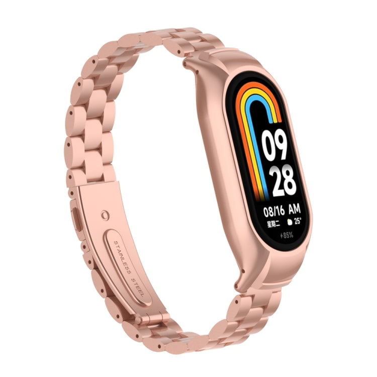 For Xiaomi Mi Band 8 Integrated Metal Case + Three-bead Watch Band(Rose Red) - Smart Wear by PMC Jewellery | Online Shopping South Africa | PMC Jewellery