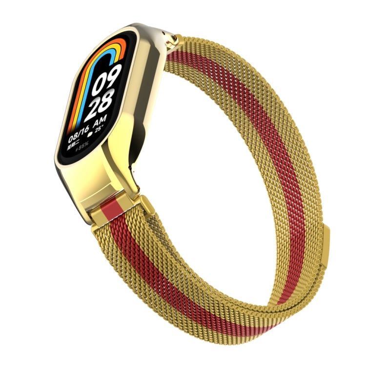 For Xiaomi Mi Band 8 Integrated Metal Case + Milanese Magnetic Watch Band(Gold+Red) - Smart Wear by PMC Jewellery | Online Shopping South Africa | PMC Jewellery