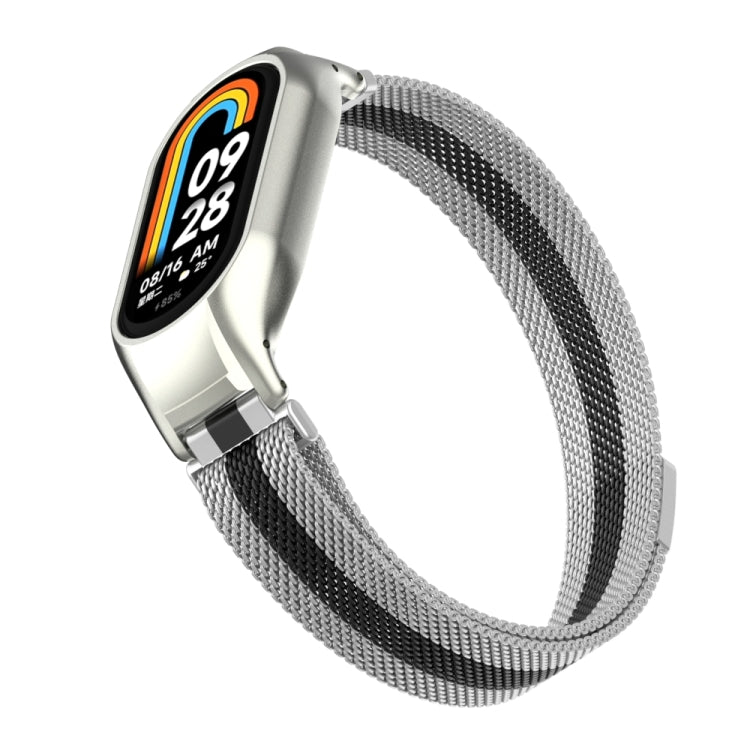 For Xiaomi Mi Band 8 Integrated Metal Case + Milanese Magnetic Watch Band(Silver+Black) - Smart Wear by PMC Jewellery | Online Shopping South Africa | PMC Jewellery