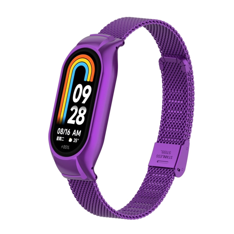 For Xiaomi Mi Band 8 Integrated Metal Case + Steel Mesh Buckle Watch Band(Purple) - Smart Wear by PMC Jewellery | Online Shopping South Africa | PMC Jewellery