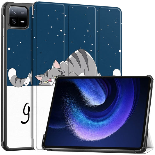 For Xiaomi Pad 6 / 6 Pro Custer Painted 3-Fold Stand Leather Smart Tablet Case(Lazy Cat) -  by PMC Jewellery | Online Shopping South Africa | PMC Jewellery