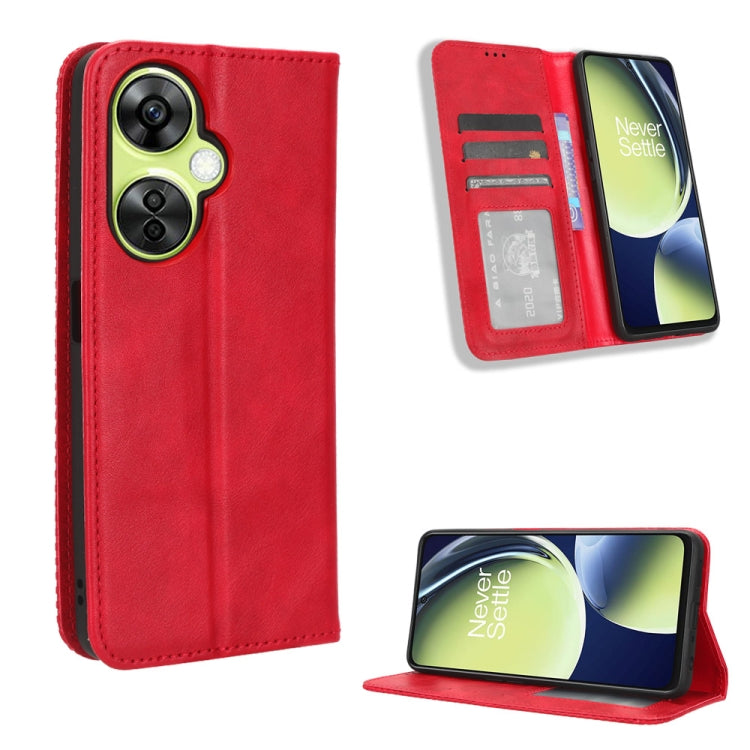 For OnePlus Nord CE 3 Lite Magnetic Buckle Retro Texture Leather Phone Case(Red) - OnePlus Cases by PMC Jewellery | Online Shopping South Africa | PMC Jewellery