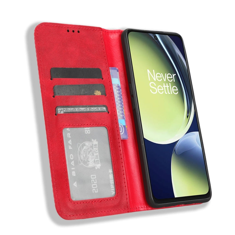 For OnePlus Nord CE 3 Lite Magnetic Buckle Retro Texture Leather Phone Case(Red) - OnePlus Cases by PMC Jewellery | Online Shopping South Africa | PMC Jewellery