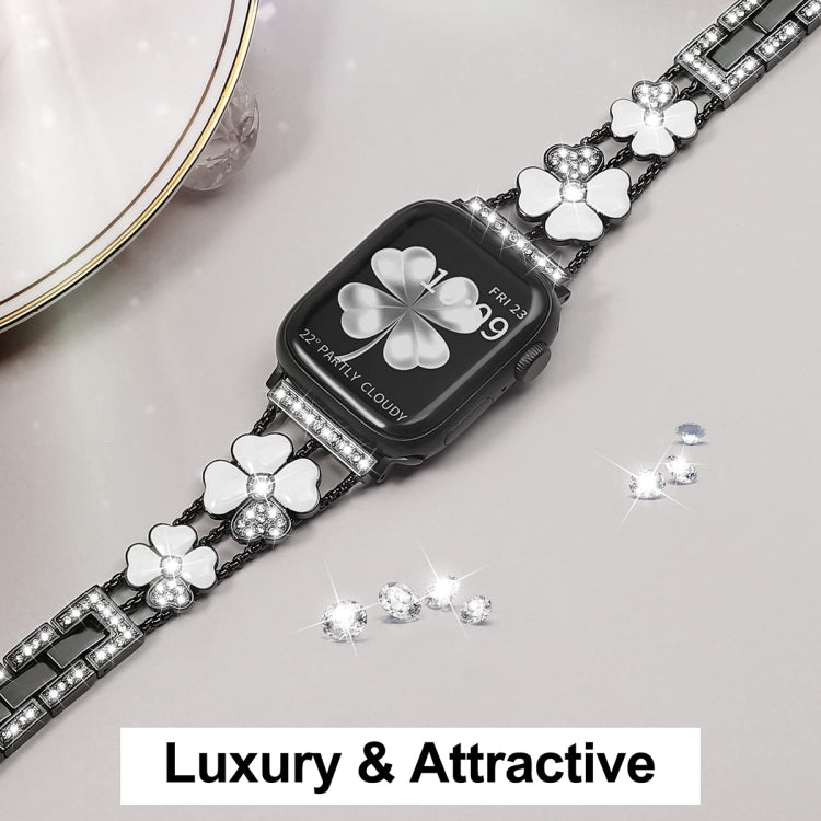 For Apple Watch 8 45mm Petal Metal Diamond Watch Band(Black+White) -  by PMC Jewellery | Online Shopping South Africa | PMC Jewellery