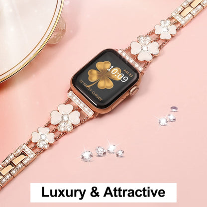 For Apple Watch 8 45mm Petal Metal Diamond Watch Band(Rose Gold+White) -  by PMC Jewellery | Online Shopping South Africa | PMC Jewellery