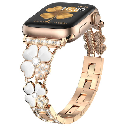 For Apple Watch SE 2022 44mm Petal Metal Diamond Watch Band(Rose Gold+White) -  by PMC Jewellery | Online Shopping South Africa | PMC Jewellery