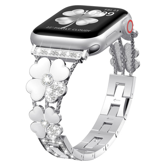 For Apple Watch 6 44mm Petal Metal Diamond Watch Band(Sliver+White) -  by PMC Jewellery | Online Shopping South Africa | PMC Jewellery