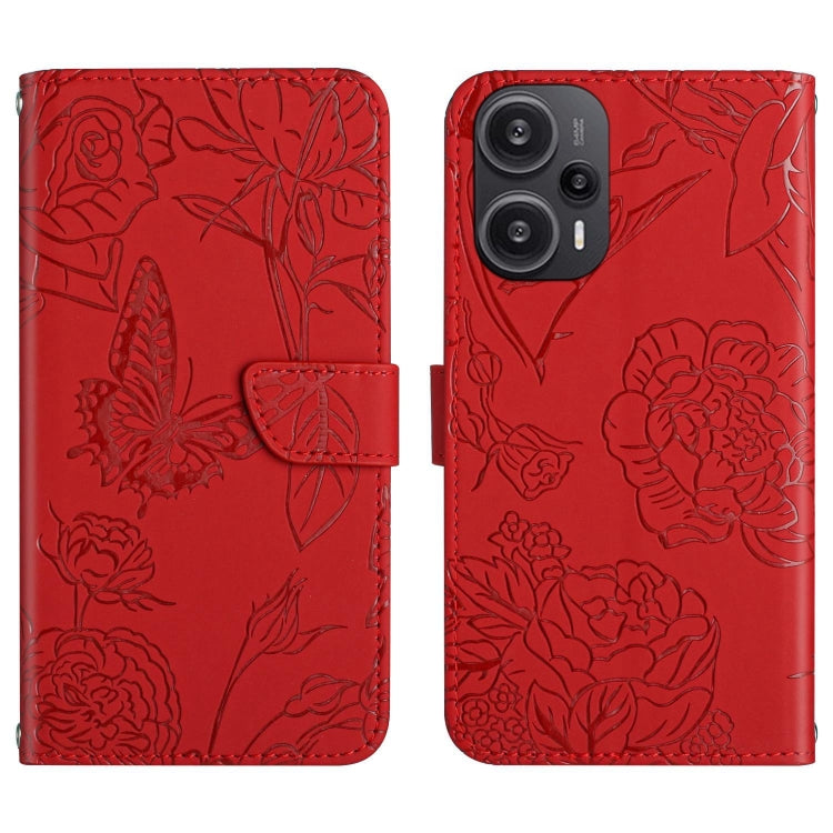 For Xiaomi Poco F5 HT03 Skin Feel Butterfly Embossed Flip Leather Phone Case(Red) - free shipping - PMC TechLife - Order now!