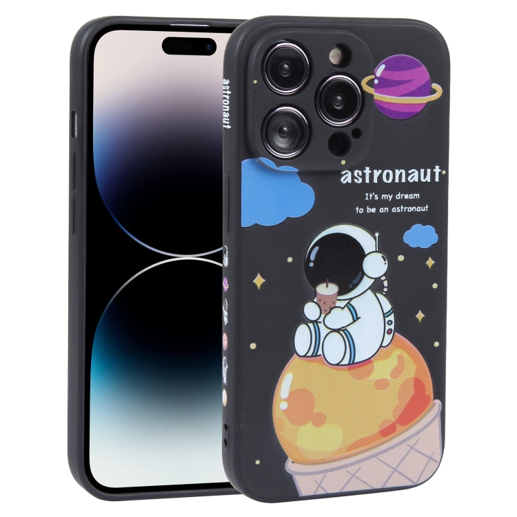 For iPhone 14 Pro Milk Tea Astronaut Pattern Liquid Silicone Phone Case(Ivory Black) - iPhone 14 Pro Cases by PMC Jewellery | Online Shopping South Africa | PMC Jewellery