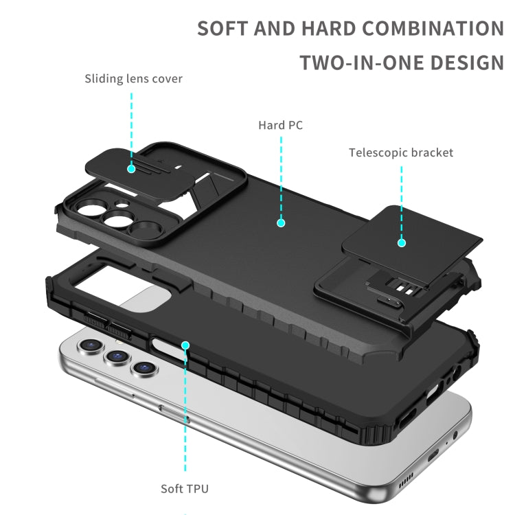 For Samsung Galaxy A14 5G Stereoscopic Holder Sliding Camshield Phone Case(Black) - free shipping - PMC TechLife - Order now!