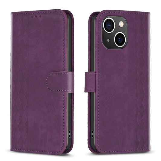 For iPhone 13 Plaid Embossed Leather Phone Case(Purple) - iPhone 13 Cases by PMC Jewellery | Online Shopping South Africa | PMC Jewellery