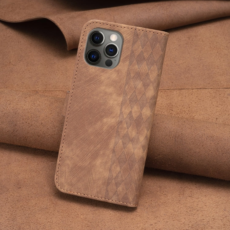 For iPhone 12 / 12 Pro Plaid Embossed Leather Phone Case(Brown) - iPhone 12 / 12 Pro Cases by PMC Jewellery | Online Shopping South Africa | PMC Jewellery