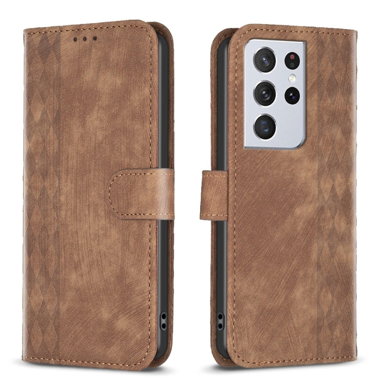 For Samsung Galaxy S21 Ultra 5G Plaid Embossed Leather Phone Case(Brown) - free shipping - PMC TechLife - Order now!