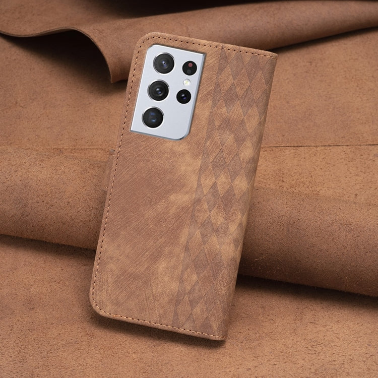 For Samsung Galaxy S21 Ultra 5G Plaid Embossed Leather Phone Case(Brown) - free shipping - PMC TechLife - Order now!