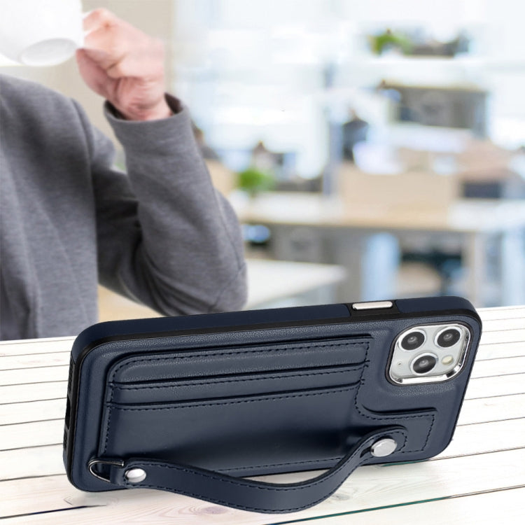 For iPhone 11 Pro Max Shockproof Leather Phone Case with Wrist Strap(Blue) - free shipping - PMC TechLife - Order now!