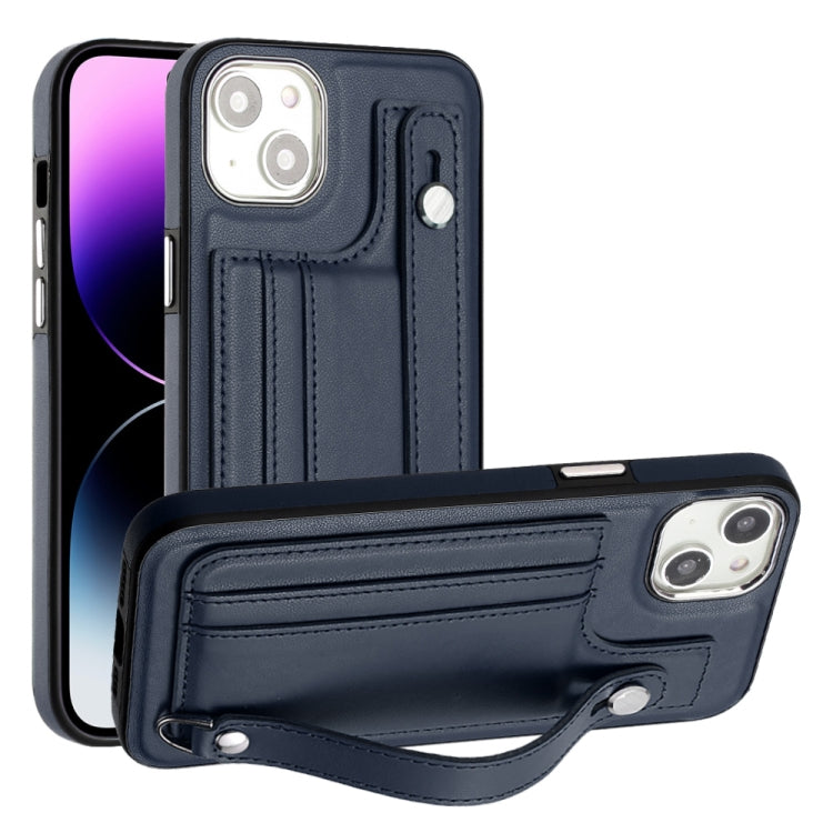 For iPhone 15 Plus Shockproof Leather Phone Case with Wrist Strap(Blue) - free shipping - PMC TechLife - Order now!