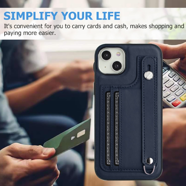 For iPhone 15 Plus Shockproof Leather Phone Case with Wrist Strap(Blue) - free shipping - PMC TechLife - Order now!