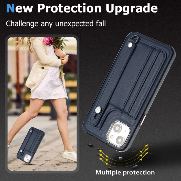 For iPhone 15 Plus Shockproof Leather Phone Case with Wrist Strap(Blue) - free shipping - PMC TechLife - Order now!