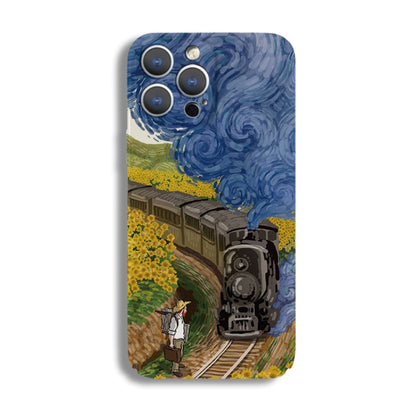 For iPhone 12 Precise Hole Oil Painting Pattern PC Phone Case(Train) - iPhone 12 / 12 Pro Cases by PMC Jewellery | Online Shopping South Africa | PMC Jewellery