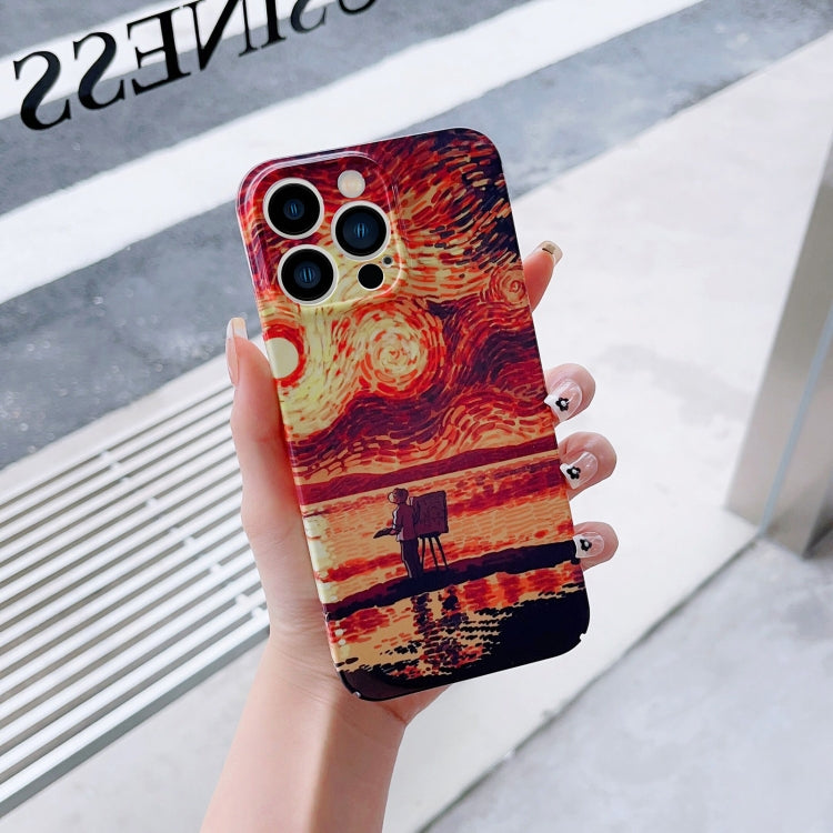 For iPhone 12 Pro Precise Hole Oil Painting Pattern PC Phone Case(Sunset) - iPhone 12 / 12 Pro Cases by PMC TechLife | Online Shopping South Africa | PMC TechLife