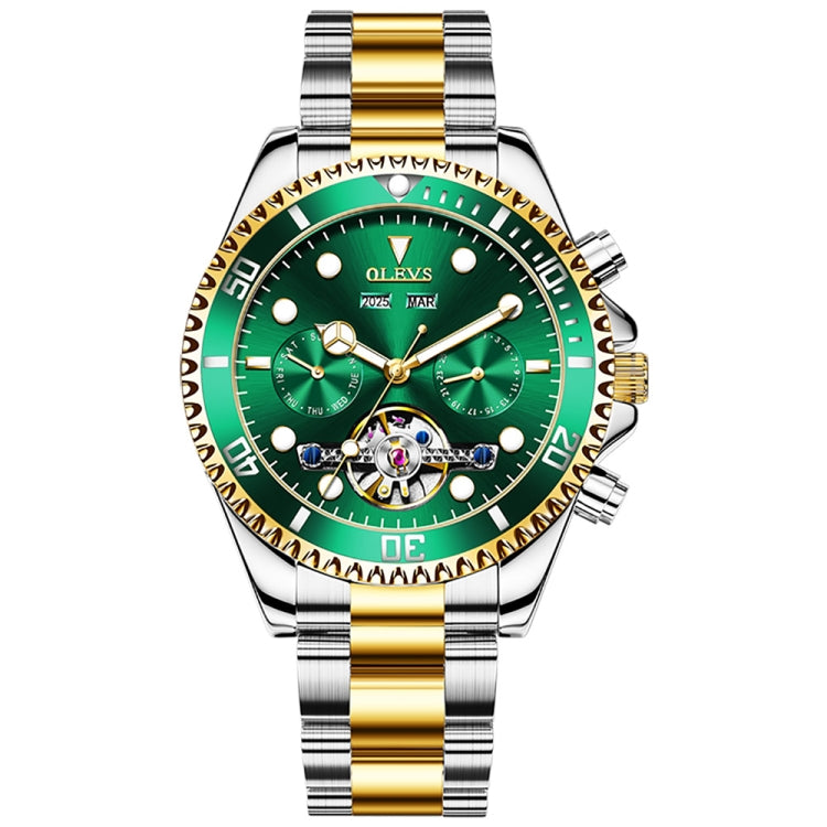 OLEVS 6605 Men Multifunctional Waterproof Mechanical Watch(Green + Gold) - Metal Strap Watches by OLEVS | Online Shopping South Africa | PMC Jewellery | Buy Now Pay Later Mobicred