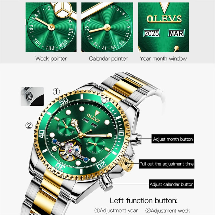 OLEVS 6605 Men Multifunctional Waterproof Mechanical Watch(Black + Gold) - Metal Strap Watches by OLEVS | Online Shopping South Africa | PMC Jewellery | Buy Now Pay Later Mobicred