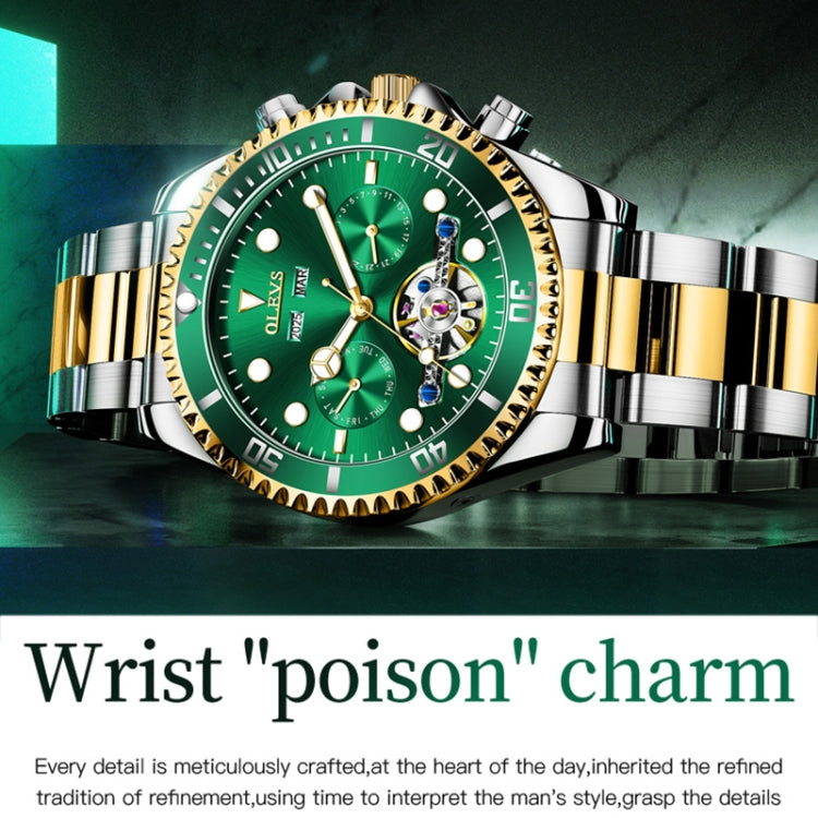 OLEVS 6605 Men Multifunctional Waterproof Mechanical Watch(Green + Gold) - Metal Strap Watches by OLEVS | Online Shopping South Africa | PMC Jewellery | Buy Now Pay Later Mobicred