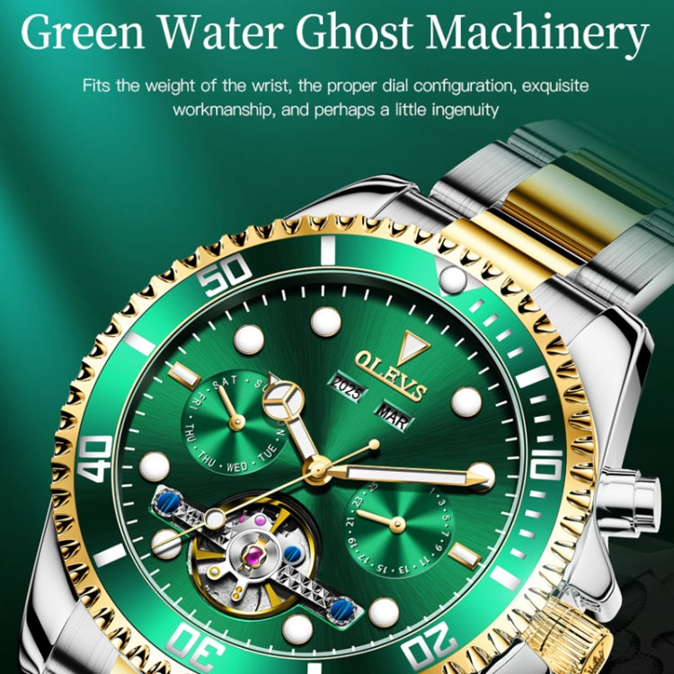 OLEVS 6605 Men Multifunctional Waterproof Mechanical Watch(Green + Gold) - Metal Strap Watches by OLEVS | Online Shopping South Africa | PMC Jewellery | Buy Now Pay Later Mobicred