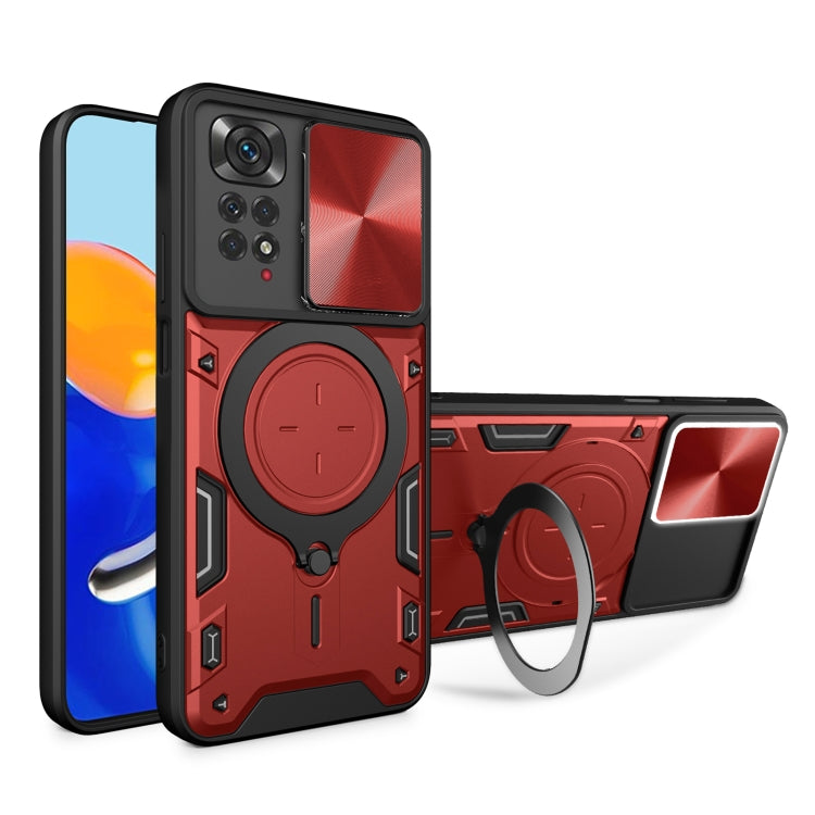 For Xiaomi Redmi Note 11 4G CD Texture Sliding Camshield Magnetic Holder Phone Case(Red) - Xiaomi Cases by PMC Jewellery | Online Shopping South Africa | PMC Jewellery