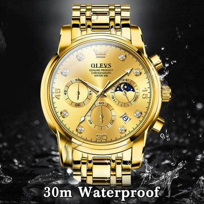 OLEVS 2889 Men Multifunctional Luminous Waterproof Quartz Watch(Gold) - Metal Strap Watches by OLEVS | Online Shopping South Africa | PMC Jewellery | Buy Now Pay Later Mobicred