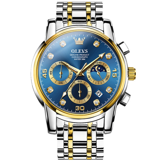 OLEVS 2889 Men Multifunctional Luminous Waterproof Quartz Watch(Blue + Gold) - Metal Strap Watches by OLEVS | Online Shopping South Africa | PMC Jewellery | Buy Now Pay Later Mobicred